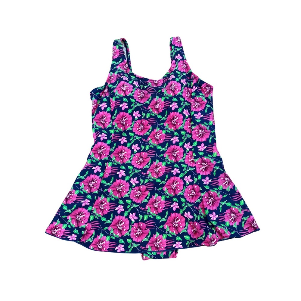 Shore Shapes Swim Dress Women Navy Pink Floral Hibiscus One Piece SIZE 10